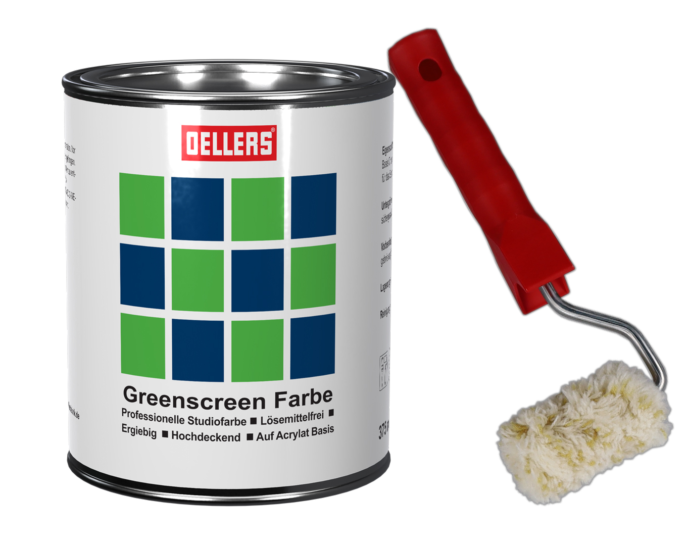 350 ml Dose Greenscreenfarbe mit einer kleinen Perlon-Rolle und einen kleinen roten Bügel