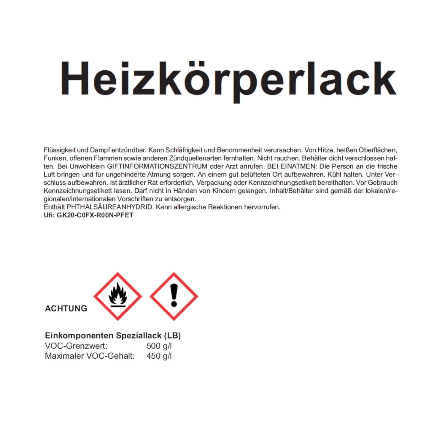 Produktetikett für Heizkörperlack mit Warnhinweisen, Gefahrensymbolen und VOC-Angaben