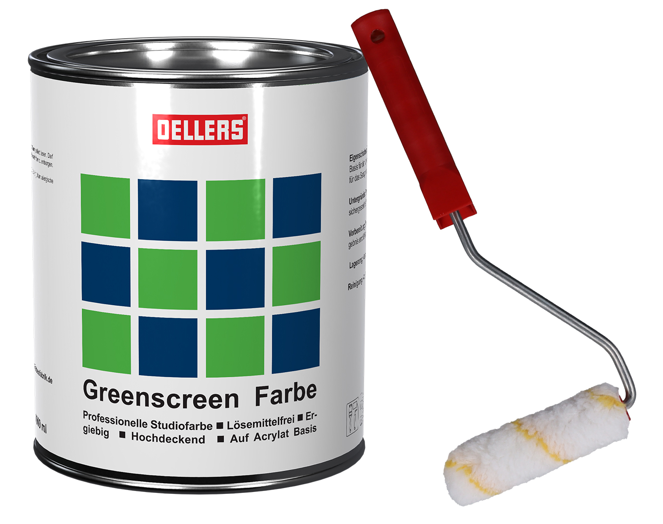 1 Liter Dose Greenscreenfarbe mit einer kleinen Perlon-Rolle und einen mittleren roten Bügel